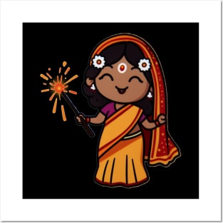 Graceful Celebration: Indian Woman in Traditional Attire with Fireworks Posters and Art